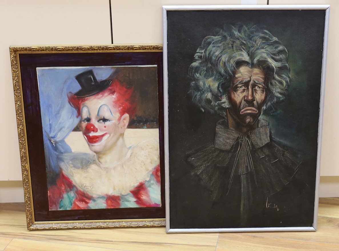 Ken Moroney (1949-2018), oil on board, portrait of a clown together with another 75x50cm